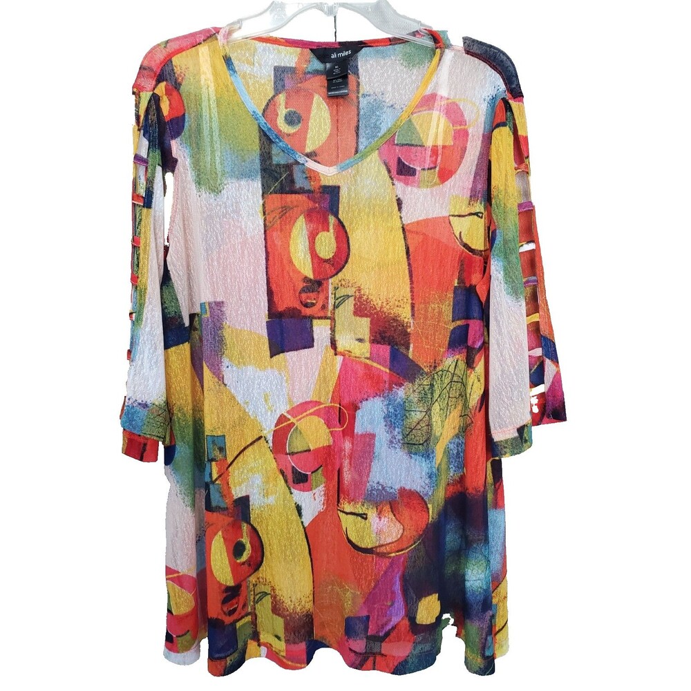 Ali Miles Modern Art Flared Cut-Out Sleeves Mesh V-Neck Semi-Sheer Top Size XL